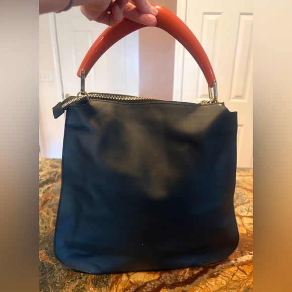 NWOT Made in Italy Black Leather Acetate Handled Satchel Top Handled Bag Purse - Picture 2 of 11